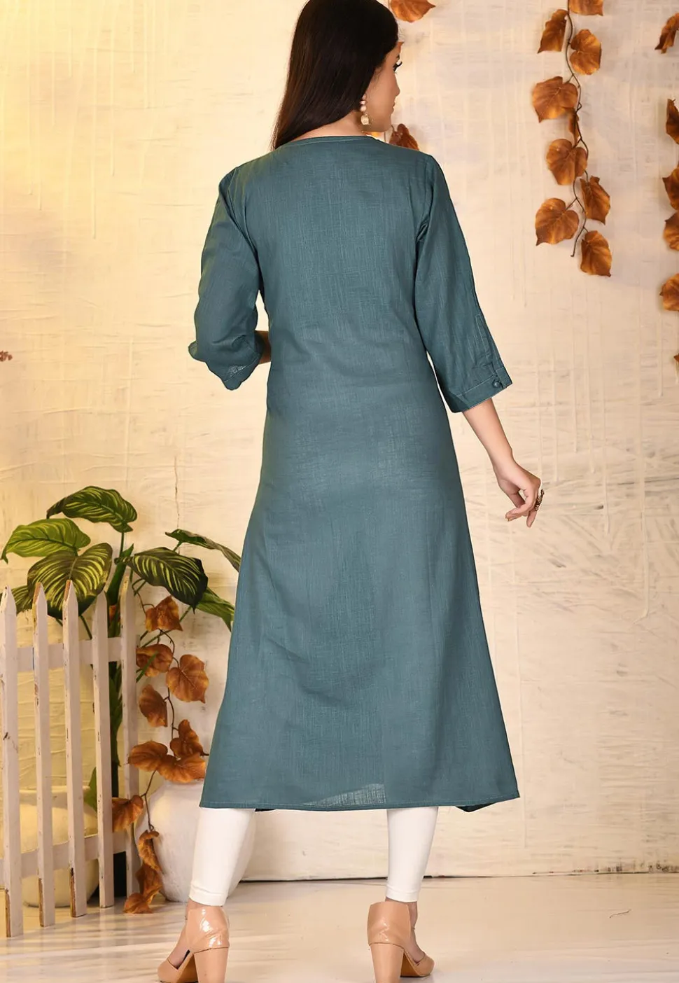Embroidered Cotton Slub A Line Kurta in Dusty Blue
