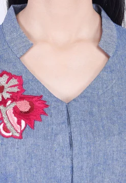 Embroidered Cotton Slub A Line Kurta in Blue