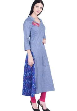 Embroidered Cotton Slub A Line Kurta in Blue