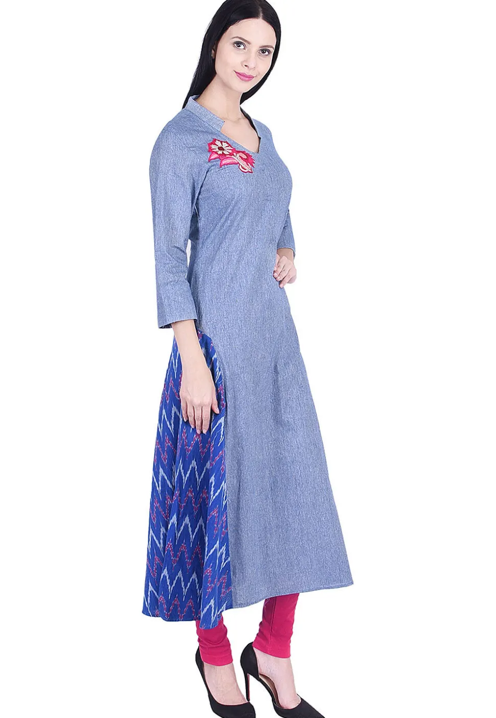 Embroidered Cotton Slub A Line Kurta in Blue