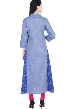Embroidered Cotton Slub A Line Kurta in Blue