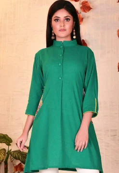 Embroidered Cotton Slub A Line Kurti in Teal Blue