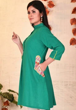 Embroidered Cotton Slub A Line Kurti in Teal Blue