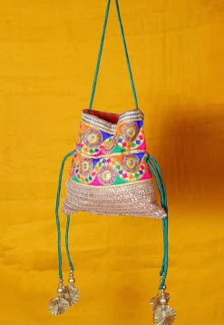 Embroidered Cotton Slub Potli Bag in Multicolor