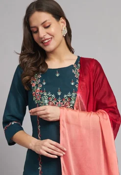 Embroidered Cotton Slub Pakistani Suit in Teal Blue
