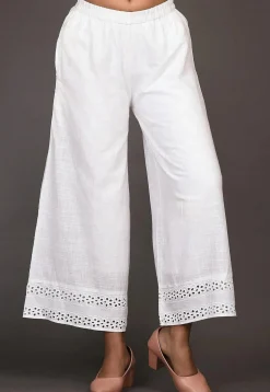 Embroidered Cotton Slub Palazzo in White