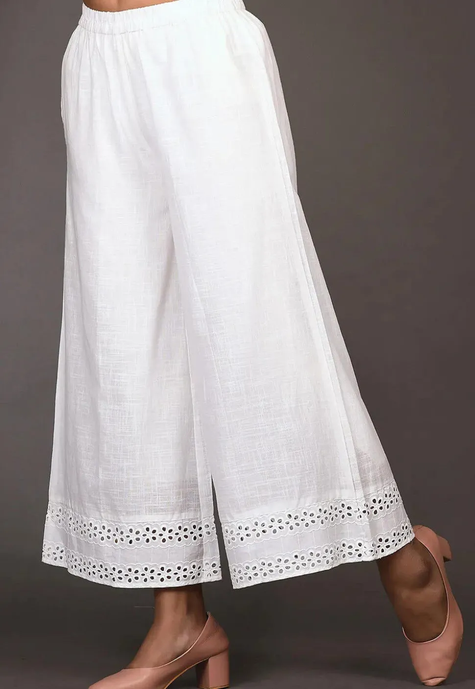 Embroidered Cotton Slub Palazzo in White