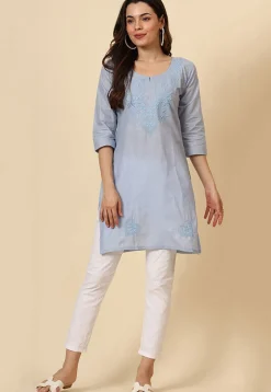Embroidered Cotton Straight Kurti in Grey