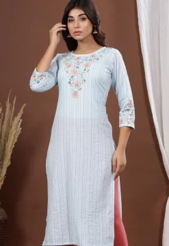 Embroidered Cotton Straight Kurta in Sky Blue