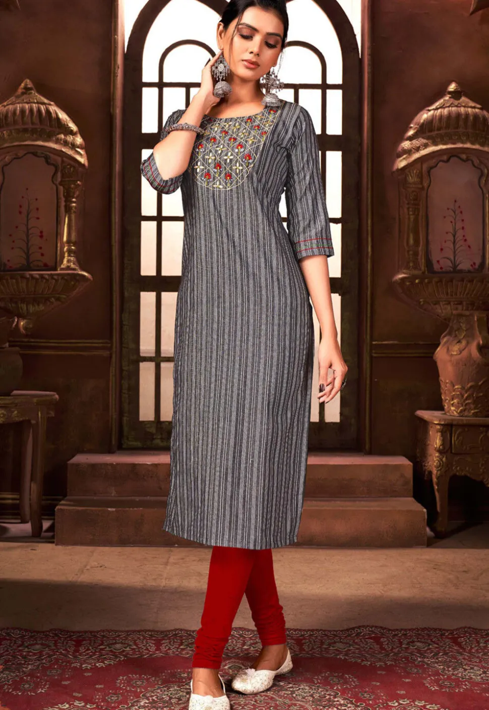 Embroidered Cotton Straight Kurta in Grey
