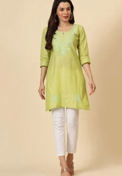 Embroidered Cotton Straight Kurti in Light Green
