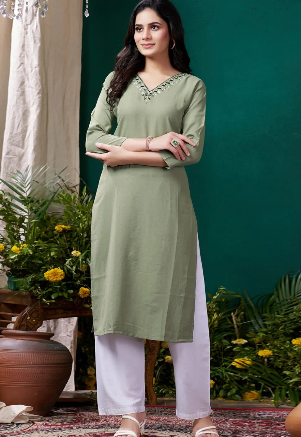 Embroidered Cotton Straight Kurta Set in Dusty Green