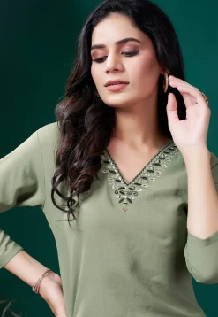 Embroidered Cotton Straight Kurta Set in Dusty Green