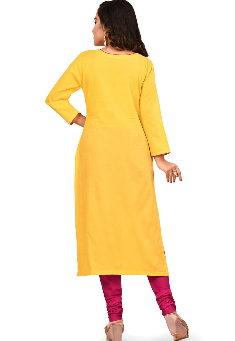 Embroidered Cotton Straight Kurta Set in Yellow