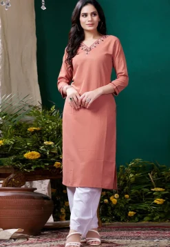 Embroidered Cotton Straight Kurta Set in Orange