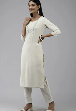 Embroidered Cotton Straight Kurta in Off White