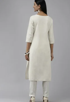 Embroidered Cotton Straight Kurta in Off White