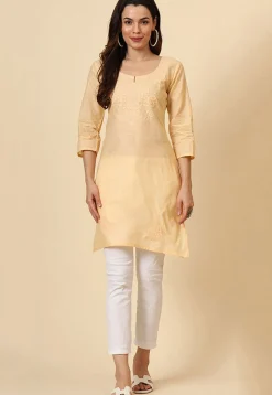 Embroidered Cotton Straight Kurti in Beige
