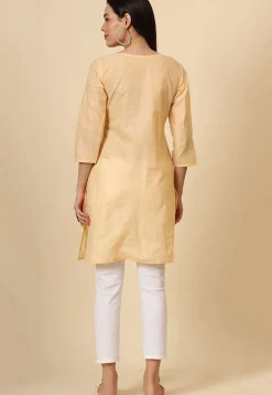 Embroidered Cotton Straight Kurti in Beige