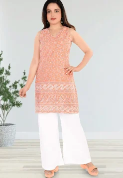 Embroidered Cotton Straight Kurta Set in Peach