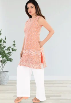 Embroidered Cotton Straight Kurta Set in Peach