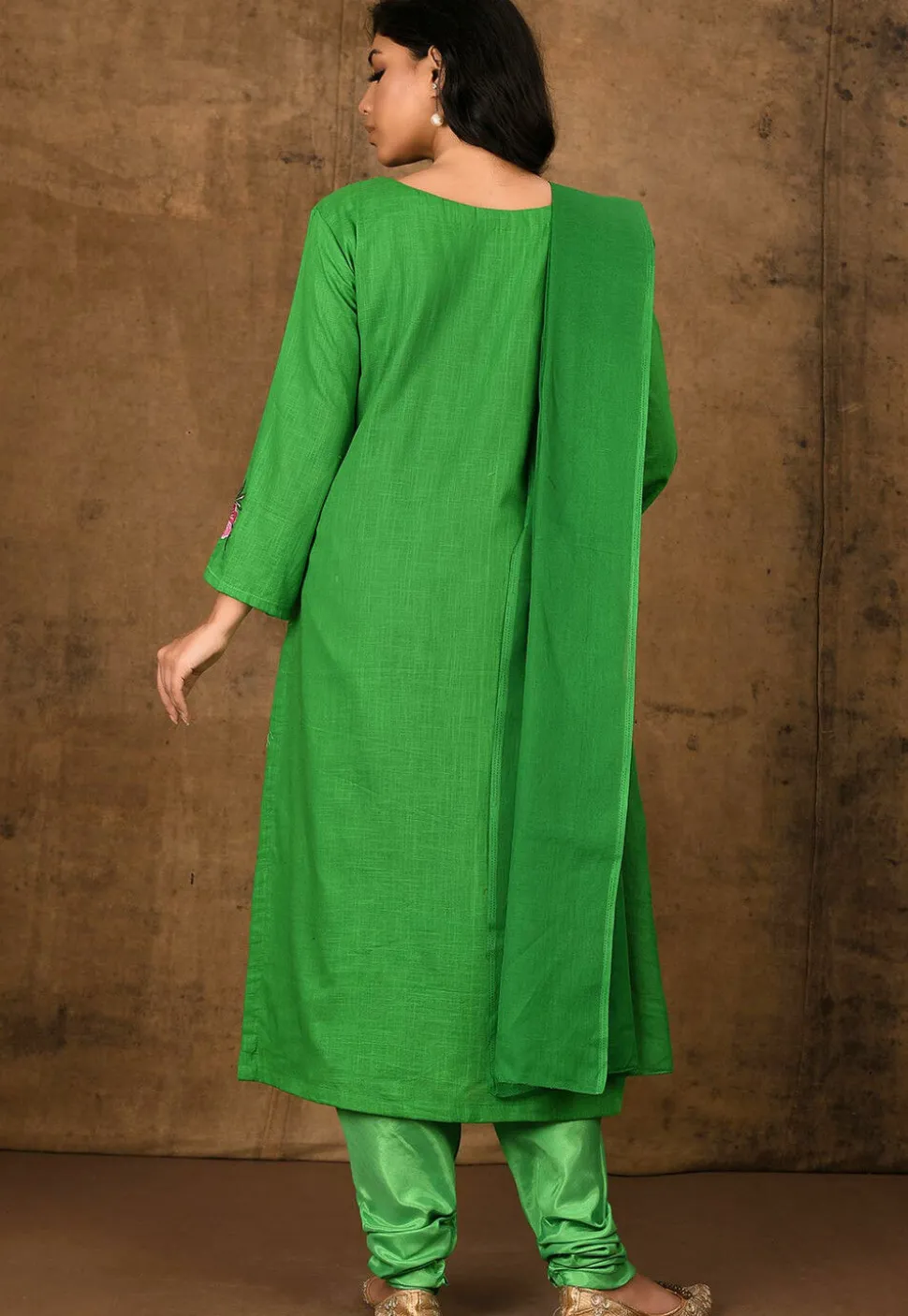 Embroidered Cotton Straight Suit in Green