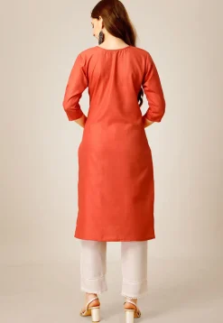Embroidered Cotton Straight Kurta Set in Orange