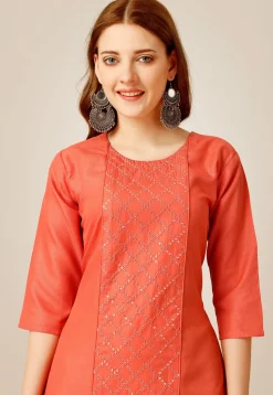 Embroidered Cotton Straight Kurta Set in Orange