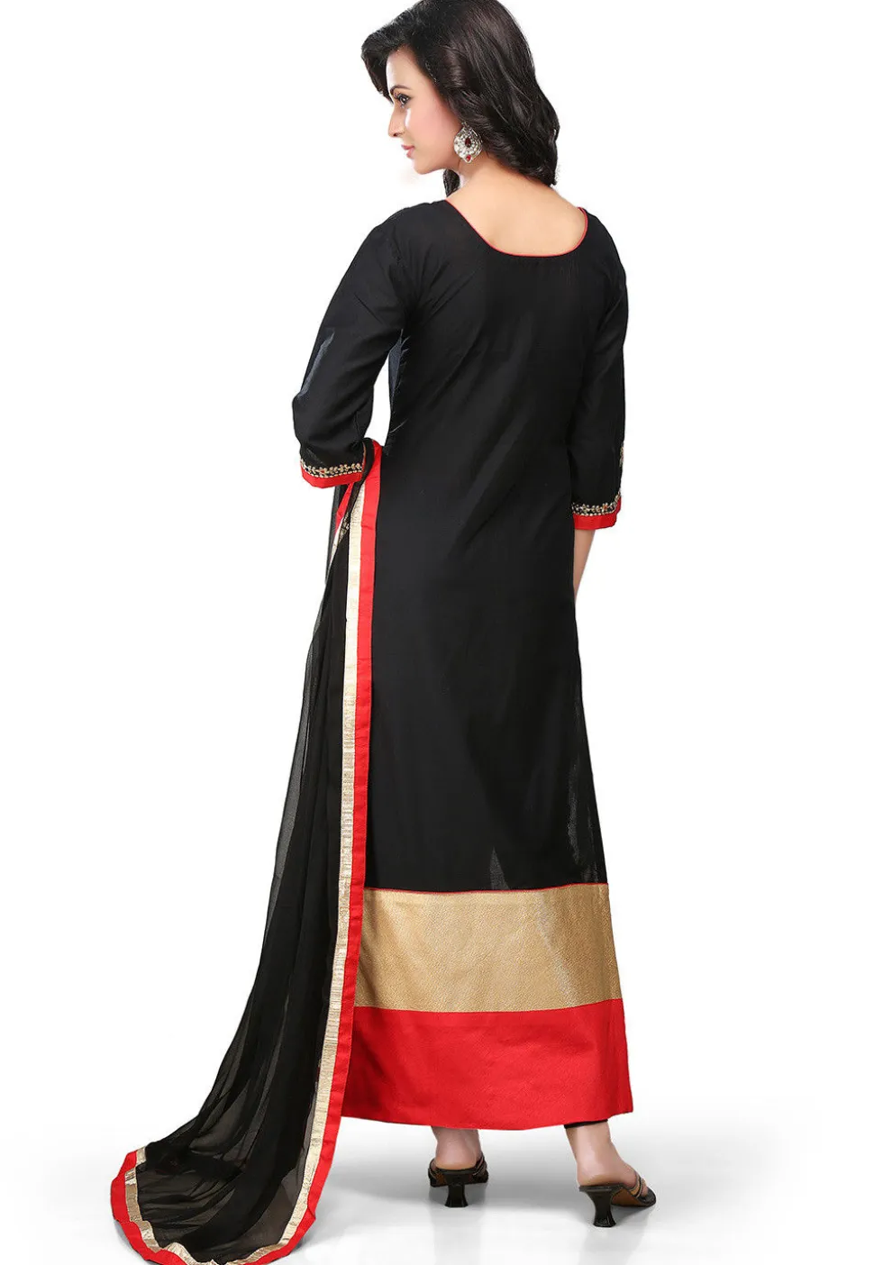 Embroidered Cotton Straight Cut Suit in Black