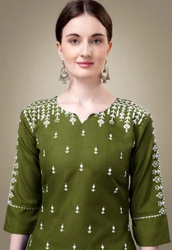 Embroidered Cotton Straight Kurta Set in Green
