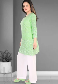 Embroidered Cotton Straight Kurta Set in Light Green