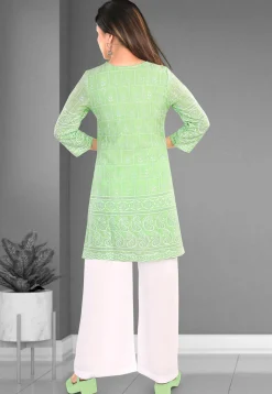 Embroidered Cotton Straight Kurta Set in Light Green