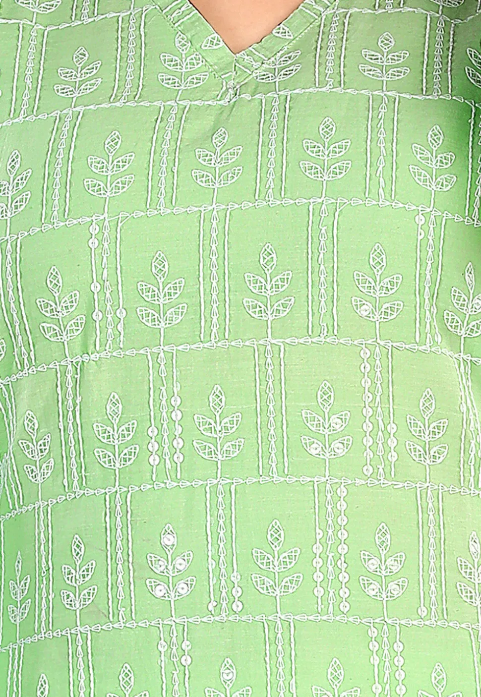 Embroidered Cotton Straight Kurta Set in Light Green