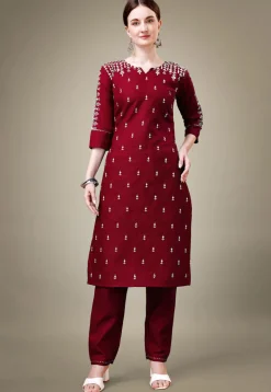Embroidered Cotton Straight Kurta Set in Maroon