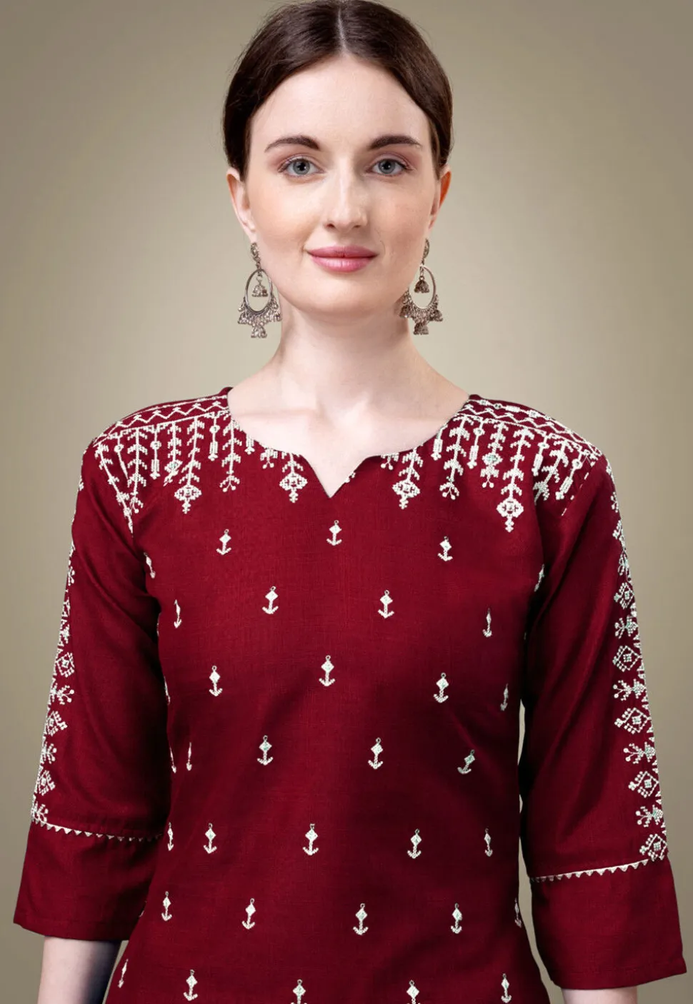 Embroidered Cotton Straight Kurta Set in Maroon