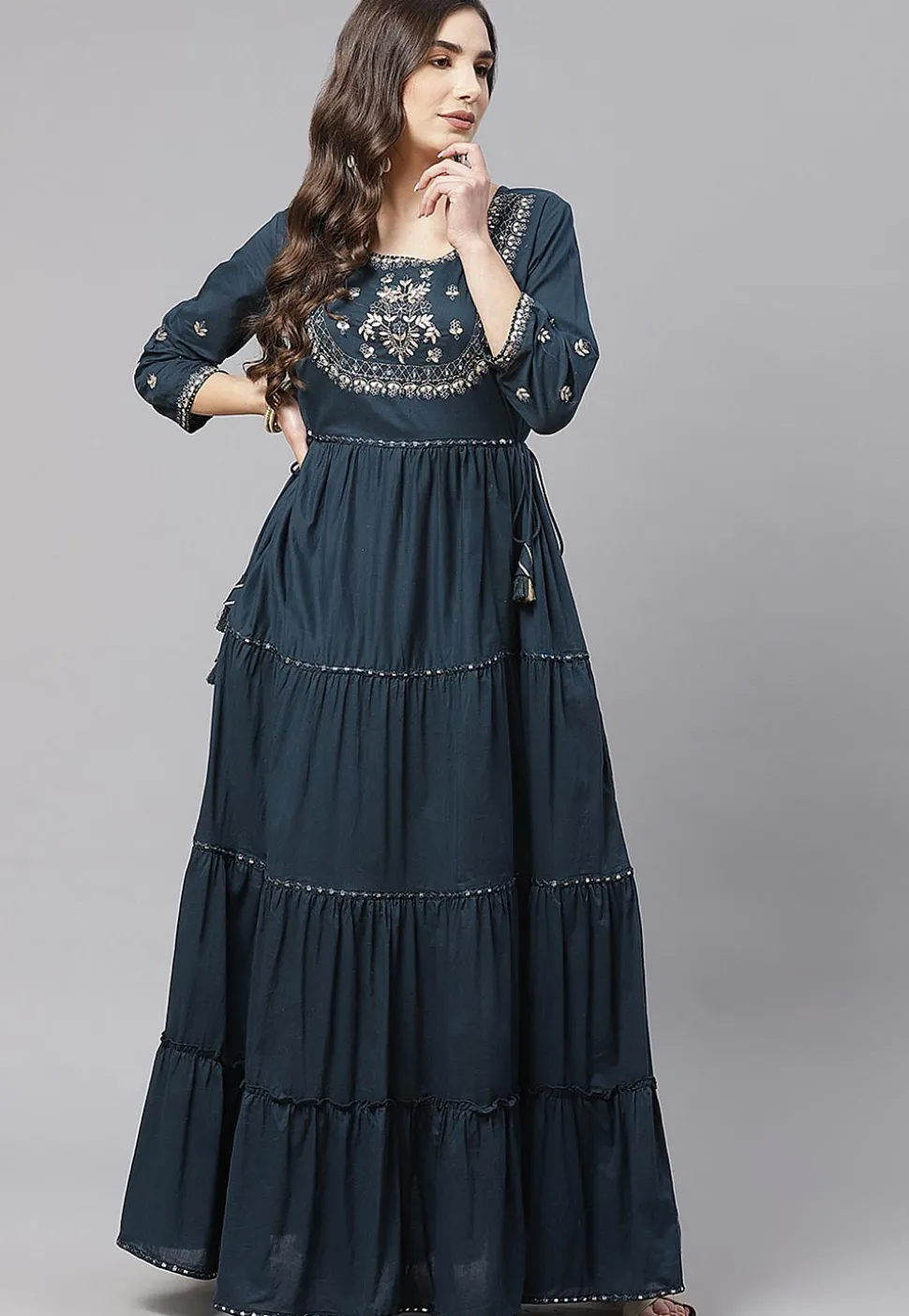 Embroidered Cotton Tiered Maxi Dress in Dark Teal Blue