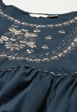 Embroidered Cotton Tiered Maxi Dress in Dark Teal Blue