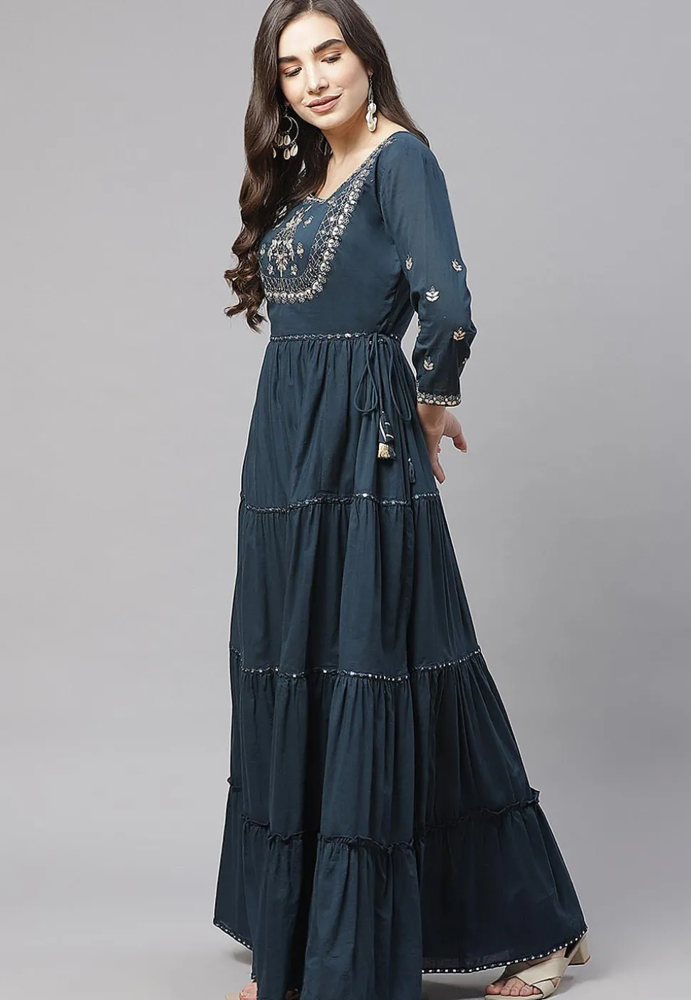 Embroidered Cotton Tiered Maxi Dress in Dark Teal Blue