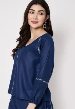 Embroidered Cotton Top in Navy Blue