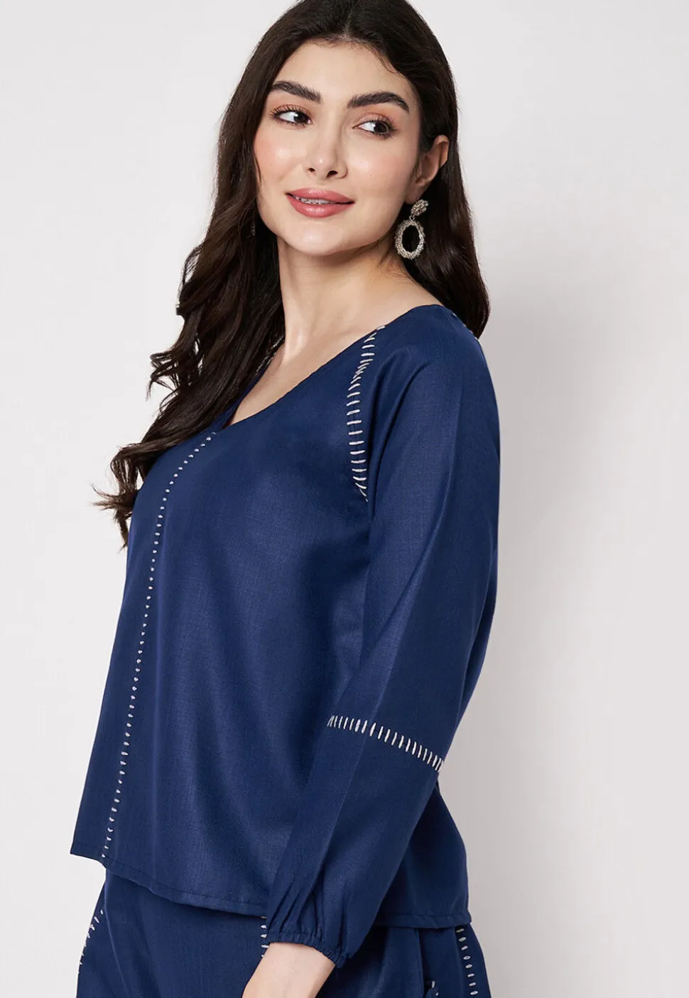 Embroidered Cotton Top in Navy Blue