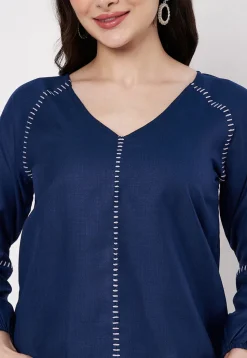 Embroidered Cotton Top in Navy Blue