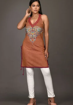 Embroidered Cotton Tunic in Brown