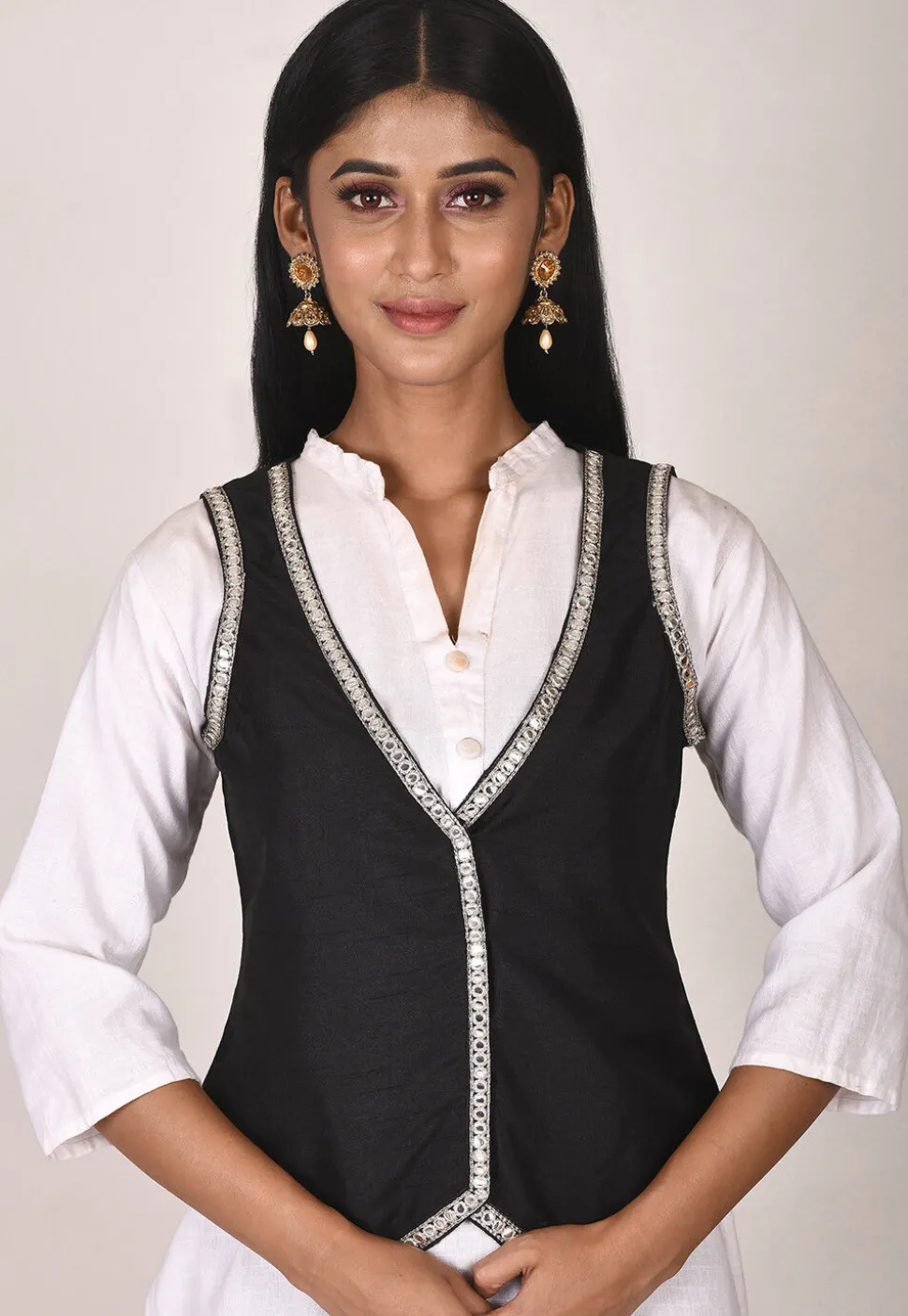 Embroidered Cotton Waist Coat in Black