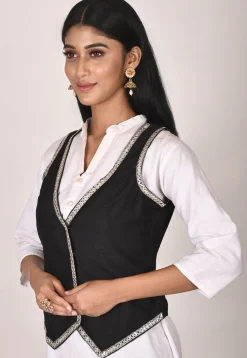 Embroidered Cotton Waist Coat in Black