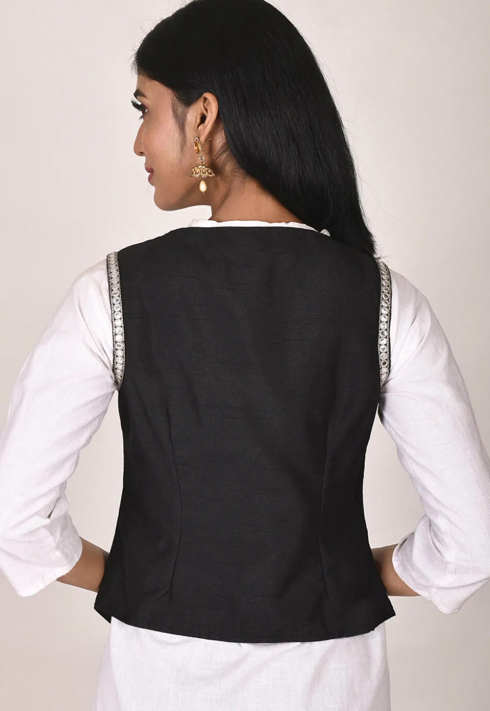 Embroidered Cotton Waist Coat in Black
