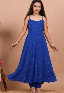 Embroidered Crepe A Line Kurta in Royal Blue