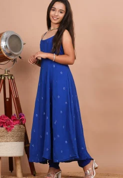 Embroidered Crepe A Line Kurta in Royal Blue