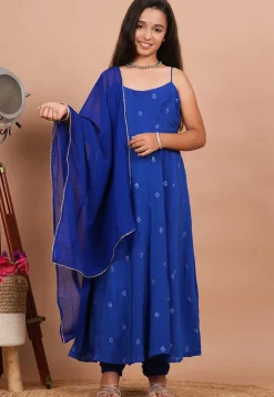 Embroidered Crepe A Line Suit in Royal Blue