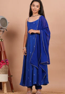 Embroidered Crepe A Line Suit in Royal Blue