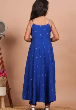 Embroidered Crepe A Line Suit in Royal Blue